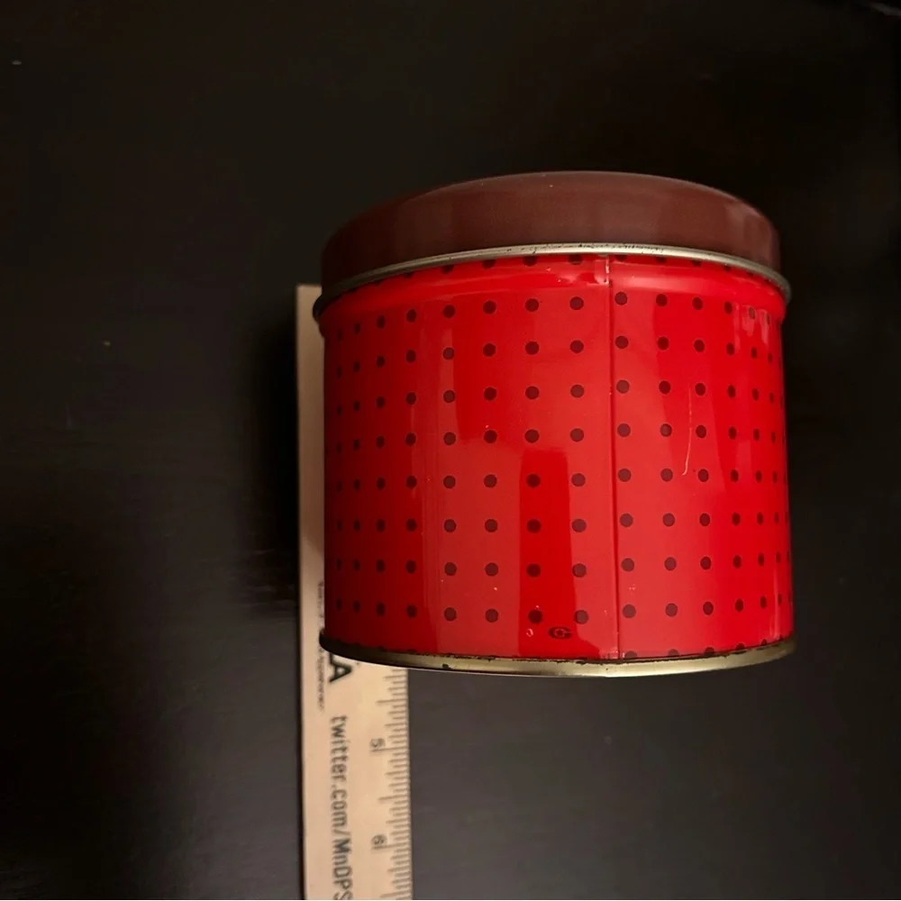 Rare Vintage Mrs Fields cookies tin with polka dot design 4” diameter 4” tall